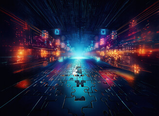 Fototapeta premium A vibrant digital highway of glowing puzzle pieces converges towards a bright, central point, symbolizing connection and problem-solving within a technological landscape.