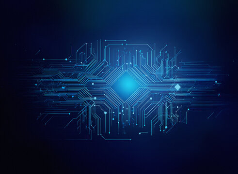 Abstract digital illustration of a glowing central processing unit, surrounded by intricate circuitry and data streams.  The dark blue background enhances the technological feel.