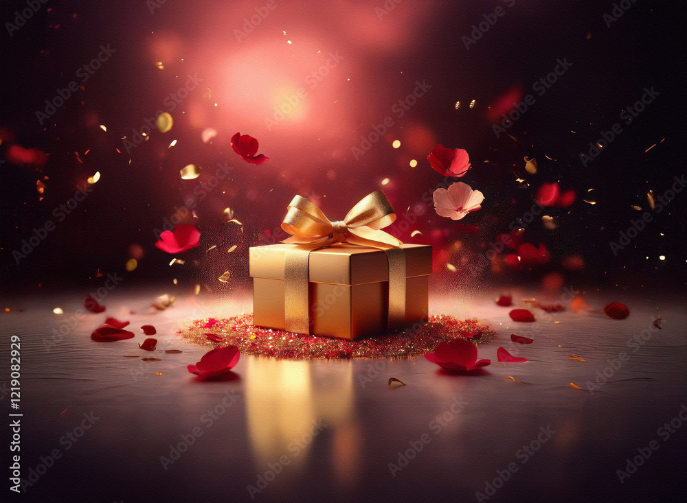 Poster a golden gift box with a large bow sits on a reflective surface surrounded by rose petals and sparkl
