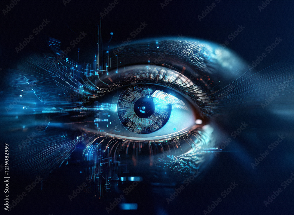 Poster a mesmerizing close-up of a stylized eye, intricately interwoven with glowing blue circuitry, sugges