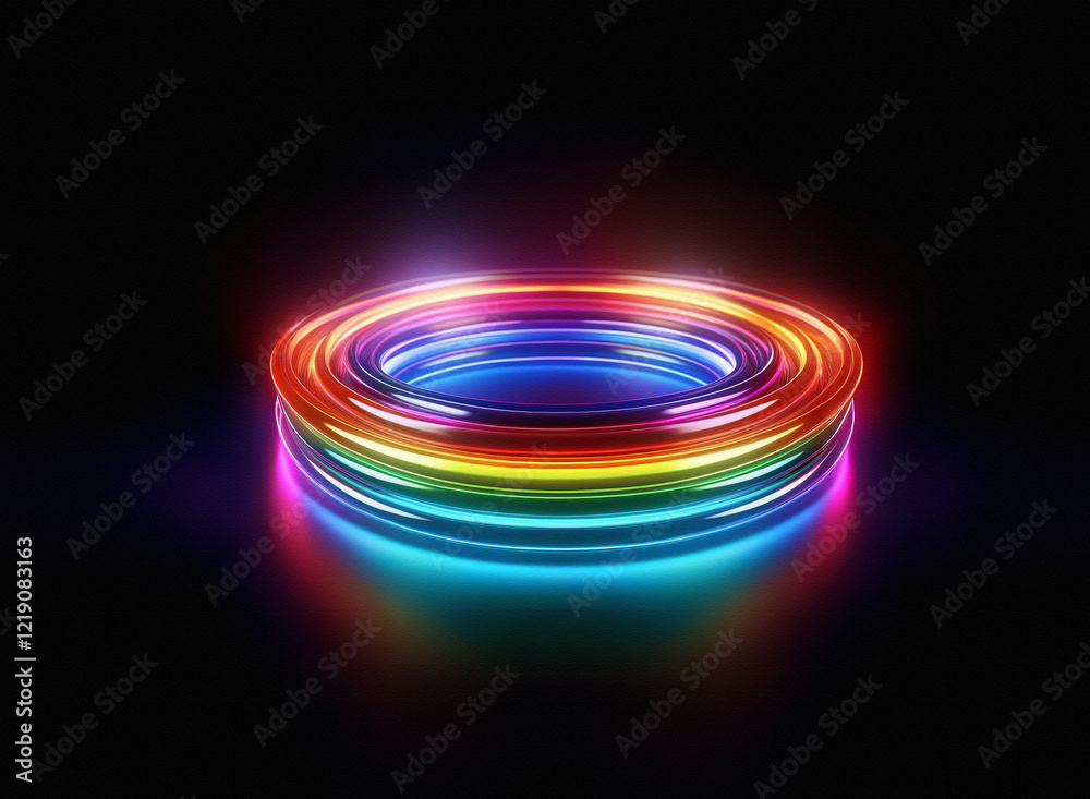 Aufkleber vibrant rainbow neon rings glow on a dark reflective surface, creating a circular platform of light.