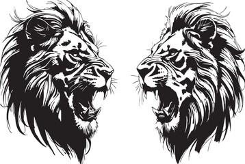 A majestic wild roaring lion king's head tattoo set, showcasing both front and side views of the predator's face, rendered in exquisite black and white ink sketch silhouettes.