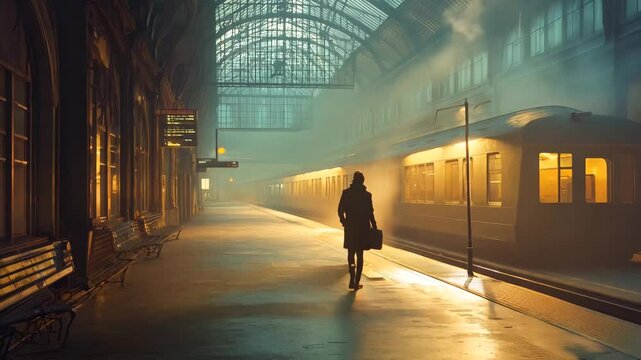 A cinematic image of a lone traveler walking through a vintage-style train station, bathed in warm light and misty ambiance. The scene evokes a sense of nostalgia, mystery, and anticipation