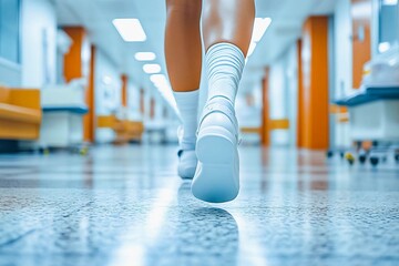 Worried doctor running down the hospital corridor holding reports