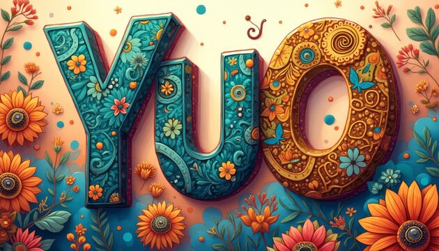 The image features the word Yuo in large, intricately designed letters adorned with colorful floral patterns. Surrounded by a burst of vivid sunflowers and delicate butterflies, this enchanting