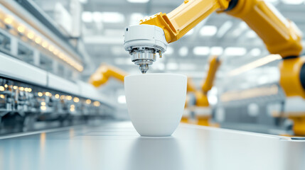robotic arm is precisely handling white ceramic cup in modern factory setting, showcasing advanced automation technology
