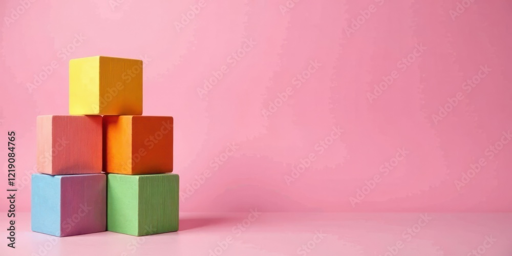 Poster Pastel-colored blocks arranged in a pyramid shape against a soft pink background, symbolizing growth, development, and the building blocks of success