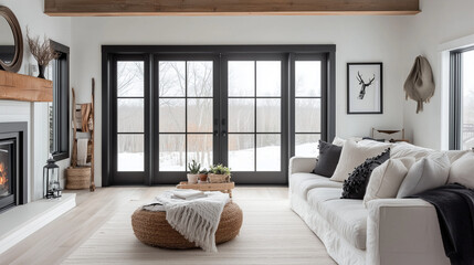 Modern farmhouse with large windows overlooking snowy landscape