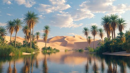 Obraz premium A serene oasis in the desert, with palm trees and sand dunes surrounding a tranquil body of water.