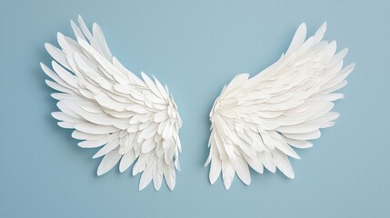 Fototapeta premium Enchanted Wings Displaying Shimmering Feathers on a Soft Blue Background in a Captivating Artistic Arrangement
