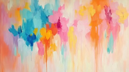 Abstract painting with vibrant colors, light blue and pink shapes, orange and yellow hues, brush strokes creating an abstract background.