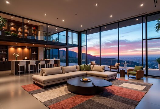 Harmonious Living Room: Neutral sectional, patterned rug, cityscape view, sunset. Modern, floor-to-ceiling windows, sleek bar area, recessed lighting, white sculptures, spiral staircase, open.

