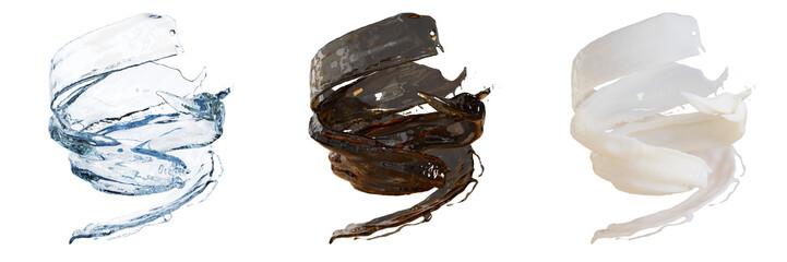 water splash curve path follow, water, coffee, and milk on transparent background