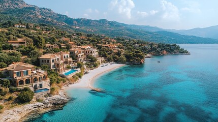 Naklejka premium Aerial view of coastal homes and clear blue water.