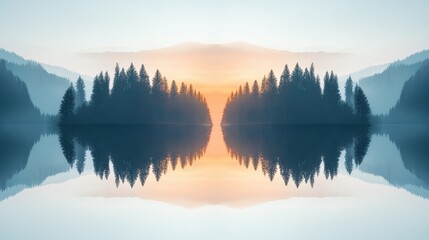 Fototapeta premium Tranquil Sunrise Over a Silent Forest and Lake Reflecting Symmetry in Early Morning Light
