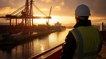 Fototapeta premium Worker Overlooking Busy Shipping Port at Sunset