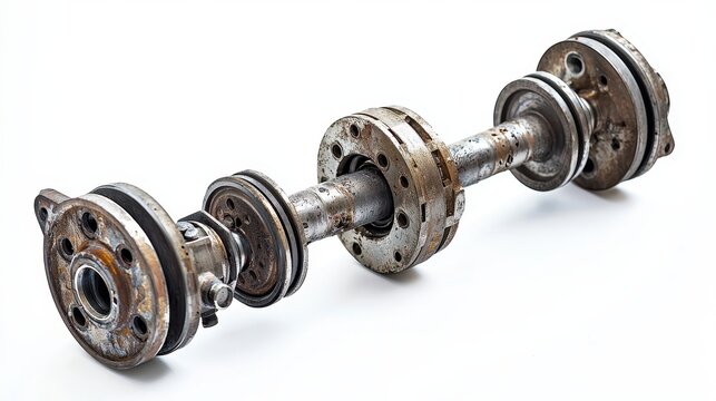 A close-up of an engine crankshaft with pulleys and harmonic balancer on a white isolated background
