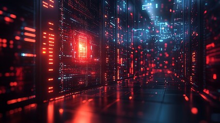 Illuminated Data Center Server Room Displays Digital Information