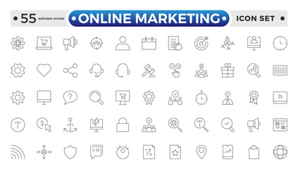 Online marketing and SEO outline icons set. Marketing & Search Engine Optimization outline icons collection. Website, search, mail, analysis, content, strategy. Editable stroke outline icon. 