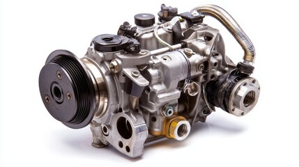 A close-up of a car engine water pump and thermostat housing on a white isolated background