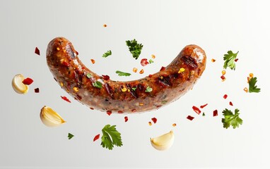 A spicy beef sausage mid-air with a fiery chili-garlic sauce wave, paired with floating roasted garlic cloves and cilantro, on a clean white backdrop