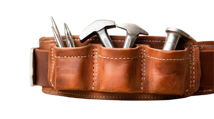 A leather tool belt containing essential tools for construction and repair work. transparent background