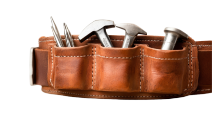 A leather tool belt containing essential tools for construction and repair work. transparent background