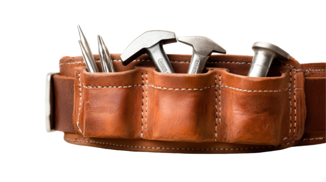 A leather tool belt containing essential tools for construction and repair work. transparent background
