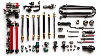 Fototapeta premium A set of automotive engine fuel lines, pumps, and injectors on a white isolated background