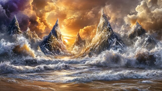 Dramatic Sunset Ocean Waves Crashing Against Majestic Mountains