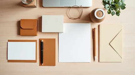 A clean and simple composition of stationery items, perfect for branding or design presentations.