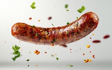 A spicy chorizo sausage mid-air with a bold paprika-infused sauce wave, surrounded by floating chili flakes and parsley, on a clean white surface