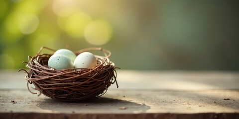 Fototapeta premium A delicate bird's nest cradles speckled and plain eggs, bathed in soft sunlight on a rustic wooden surface.