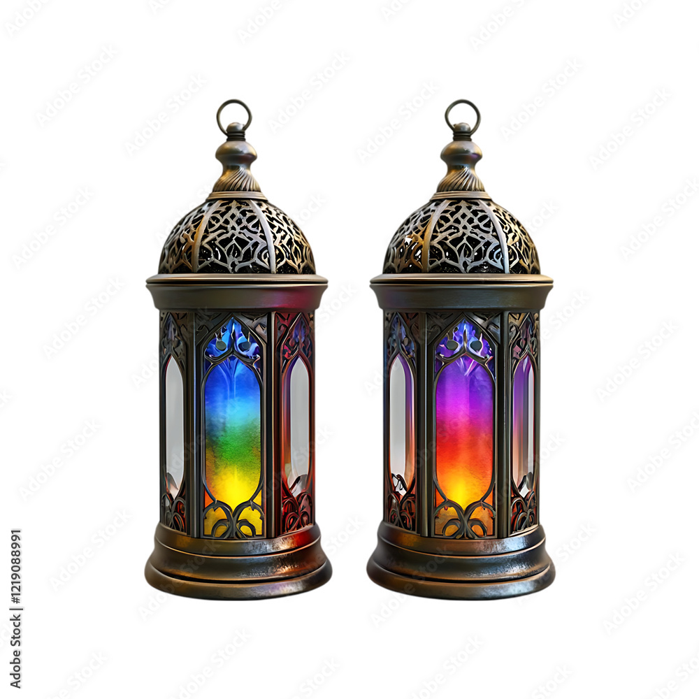 Poster 3D rendering of two Ramadan lanterns with candles on a transparent background. Ai generative