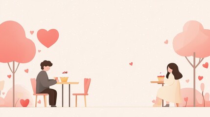 Fototapeta premium Romantic Valentine's Day Background Depicting a Couple Enjoying Desserts at a Cozy Café with Heart Motifs