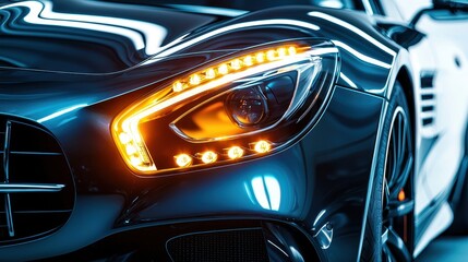 A close-up of a modern sports car with aerodynamic design and LED headlights on a white isolated background