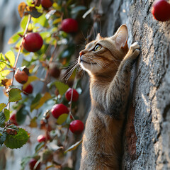  abyssinian cat climbing garden wall