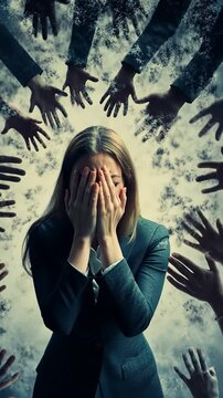 Stressed businesswoman surrounded by multiple reaching hands,symbolizing pressure,anxiety,and overwhelm.