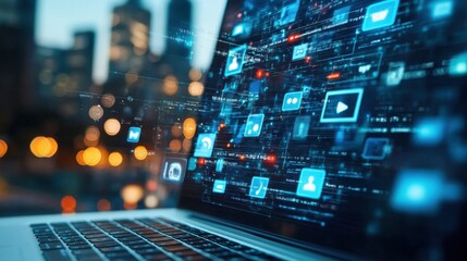 A laptop screen displaying a video call interface with digital icons hovering around it.