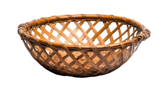 A rustic woven basket perfect for serving fresh produce and home-cooked meals. transparent background