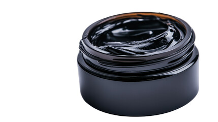 A sleek, black jar containing a glossy, dark substance for skincare or beauty. transparent background