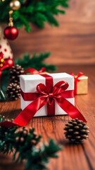 white gift box with red ribbon on wooden surface
