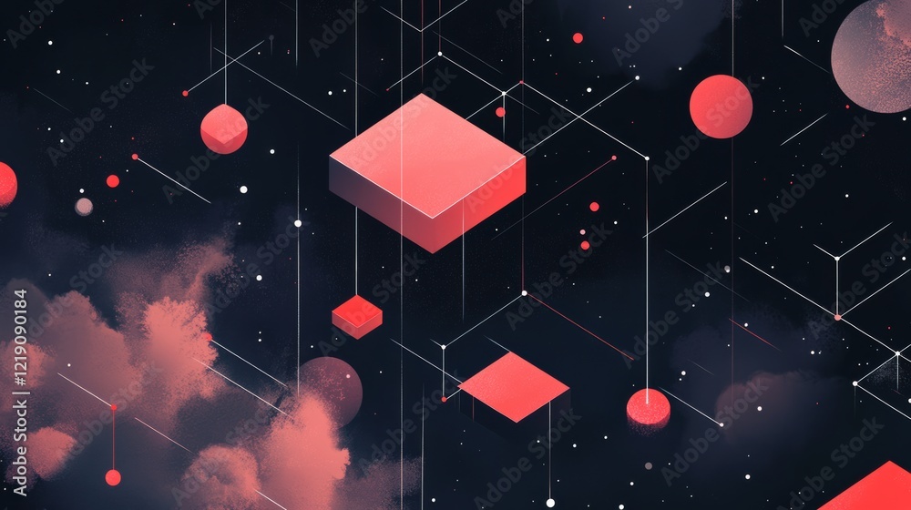 Poster abstract geometric shapes in a cosmic setting with clouds, creating a sense of depth and motion