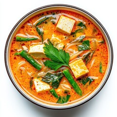 A bowl of tom kha noodles with coconut soup and tofu, isolated on white
