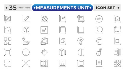 Measurement outline icons set with Measure, Area, Dimension, Distance, Diameter, Meter, Width, Radius, Length, weight, and volume. Contains such icons as ruler, m2. Editable stroke outline icon. 