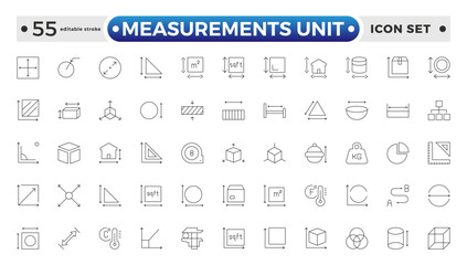 Measurement outline icons set with Measure, Area, Dimension, Distance, Diameter, Meter, Width, Radius, Length, weight, and volume. Contains such icons as ruler, m2. Editable stroke outline icon. 