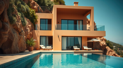 Fototapeta premium modern luxury villa with elegant swimming pool with panoramic views of sun-drenched azure sea coast