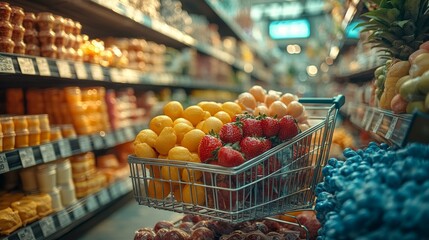 Shopping cart filled with fresh lemons and strawberries in a supermarket aisle.