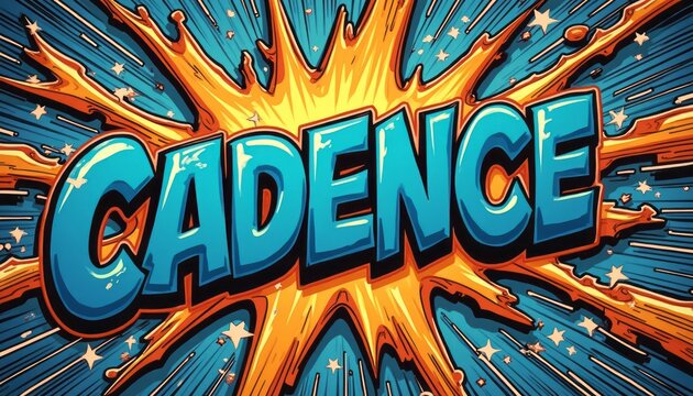 The image features the bold word CADENCE bursting forth in a striking explosion of orange and blue hues, creating an energetic and eye-catching visual. This graphic design captures the essence of