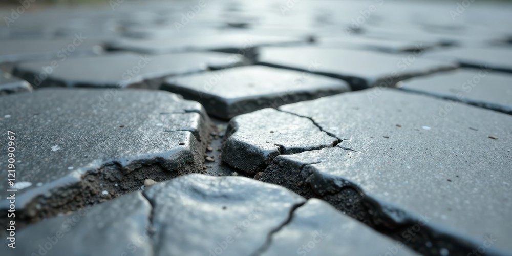 Poster close-up view of cracked stone pavement, showing texture and detail of irregularly shaped blocks